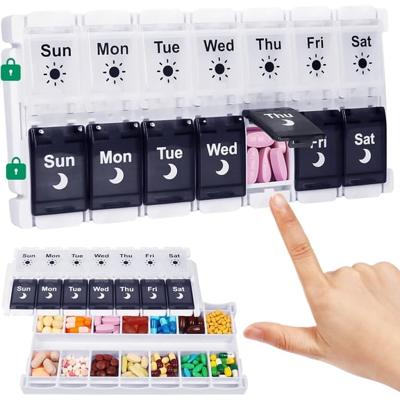 Pill Organizer 2 Times a Day, Easy Fill Weekly Pill Box Am Pm Push Button Pill Container 7 Day Medicine Organizer for Vitamins Supplements Black&White