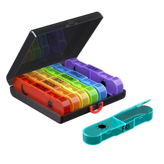 Pill Organizer 2 Times a Day, Large Weekly Pill Case 7 Day, Daily Pill Box with 14 Compartments, Pill Dispenser Supplement Holder for Pills/Vitamin/Fish Oil - Multi-Colored
