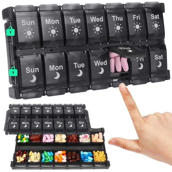 Pill Organizer 2 Times a Day, Weekly AM PM Pill Box with Push Button, 7 Day Large Medicine Container for Vitamins & Supplements, Easy Open & Fill