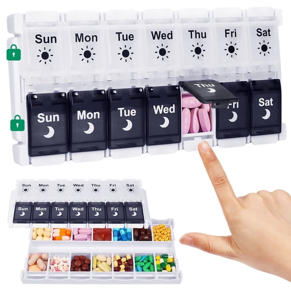 Pill Organizer 2 Times a Day, Weekly AM PM Pill Box with Push Button, 7 Day Large Medicine Container for Vitamins & Supplements, Easy Open & Fill