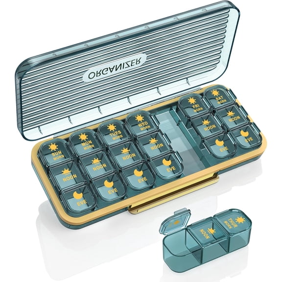 Pill Organizer 3 Times A Day, 7-Day Pill Box 3 Times A Day - YSTDHL Weekly Medicine Box Organizer, 7 Detachable Portable Daily Pill Container Dispenser Case for Vitamins Fish Oils Supplements, Green