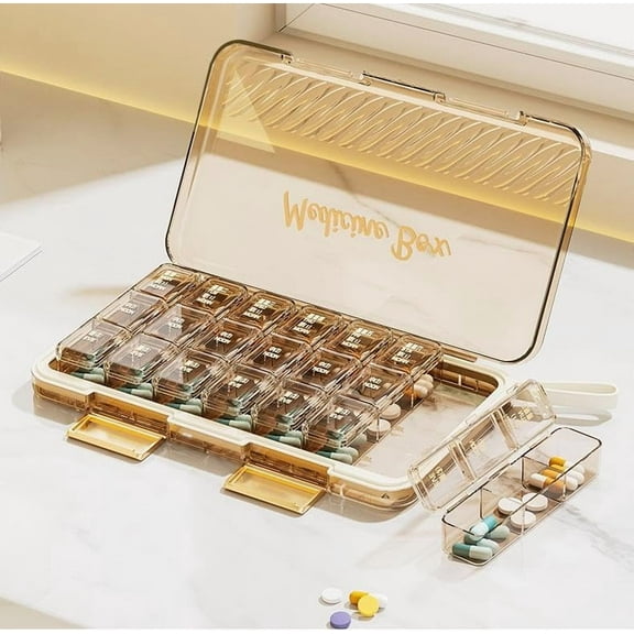 Pill Organizer 3 Times A Day, Weekly Pill Box Meets Three Times A Day Needs,Large Travel Medicine Organizer Case 3X 7 Day Vitamins Fish Oil and Supplements, Brown