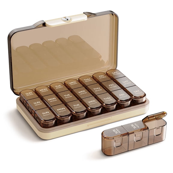 Pill Organizer 3 Times a Day, Large Travel Pill Box Case 7 Days, 7 Detachable Pill Containers, Portable Daily Travel Pill Organizer for Vitamin Fish Oil Supplement, Brown