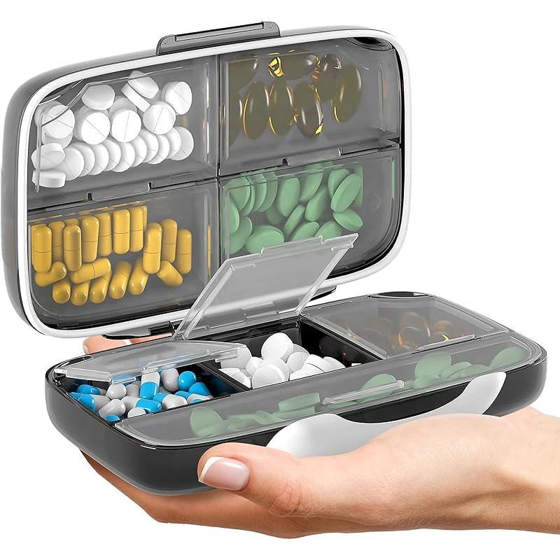 Pill Organizer Airtight Pill Box Large Pill Dispenser Home Travel Supplement Holder Portable Vitamin Sorter Jumbo Size 8 Compartment Airtight Vitamin Container Daily Medicine