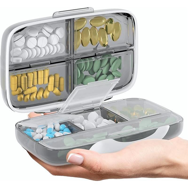 Pill Organizer Airtight Pill Box Large Pill Dispenser Home Travel Supplement Holder Portable Vitamin Sorter Jumbo Size 8 Compartment Airtight Vitamin Container Daily Medicine