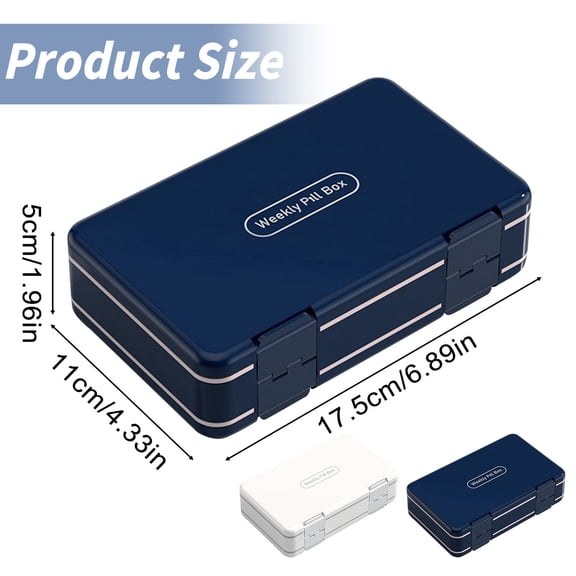 Pill Organizer - Double Layer 24 Compartment Weekly Storage Box with Secure Locks - Portable Waterproof Travel Case for Supplements Vitamins Daily Use - Blue White