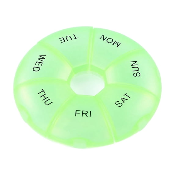 Pill Organizer, Green Round 7 Compartments Weekly Portable Pill Case, 1 Pack Compact 3.5 Inch Travel Pill Holder, for Daily Medication Vitamin Supplement Storage Outdoor Pocket Purse Carry