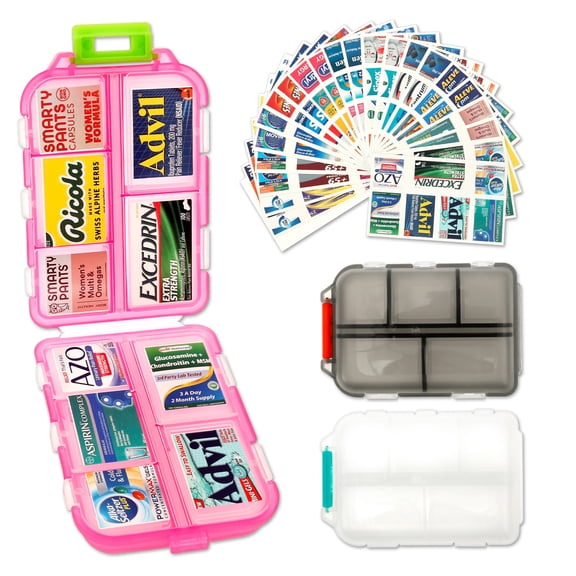 Pill Organizer with Labels, Waterproof 10 Compartment Travel Pill Box for Purse and Pocket, Small Portable Medicine Case Holder for Vitamins and Supplements, White Pink Gray