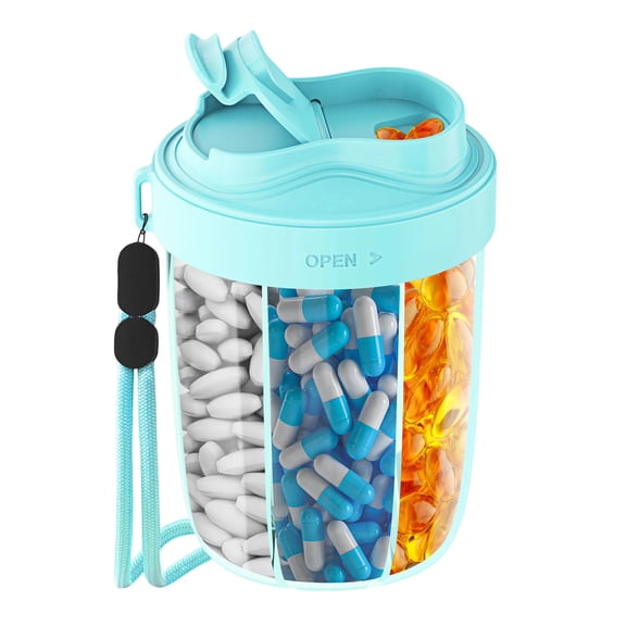 Pill Organizer, Light Blue 7 Compartments Portable Vitamin Pill Dispenser, 1 Pack Travel Medicine Pill Case with Lanyard, for Daily Supplement Medication Tablets Storage Home Outdoor Use