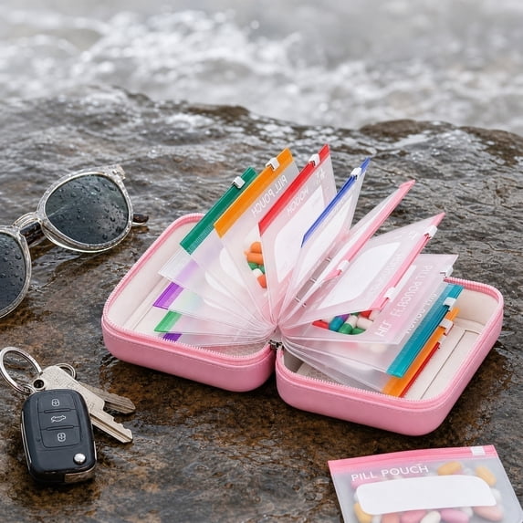 Pill Organizer Pouch Set, 14 Day Pill Organizer, Pill Pouches for Travel, Day and Night Pill Organizer, Purple 6X4.5X2.5 in Waterproof Storage Bag with Zipper Pockets for Pills,