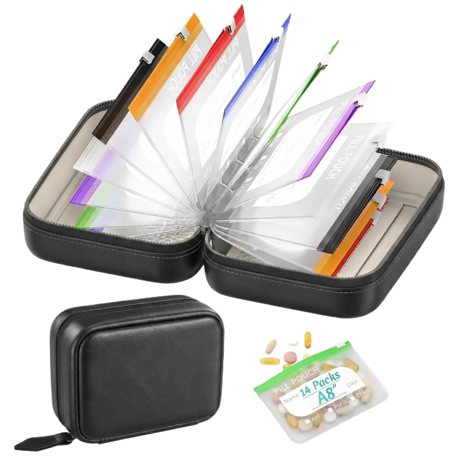 Pill Organizer Pouch, Waterproof, Set of 7 Reusable Sealed Pill Bags with 1 Piece Black Carrying Case, Portable Daily Medication Vitamin Storage Organizer for Travel Home Daily Use