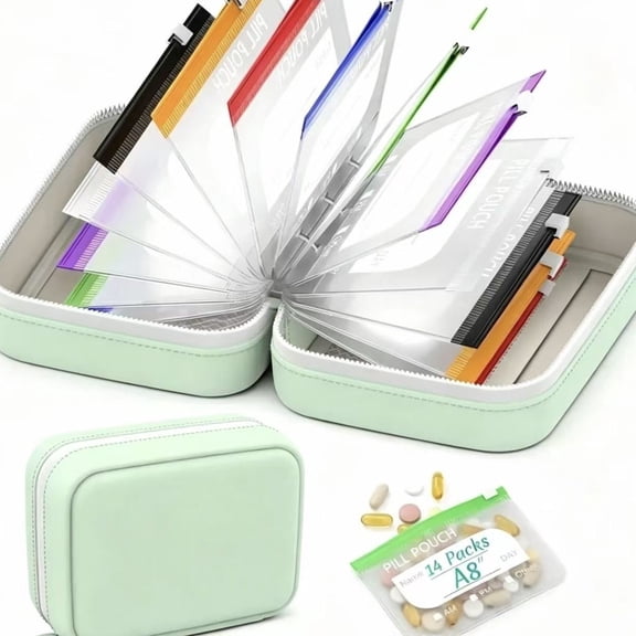 Pill Organizer Set A8, Large Waterproof Pill Organizer for Seven Days, Pill Storage with 14 Color-Coded Pouches, Reusable Travel Medicine Organizer