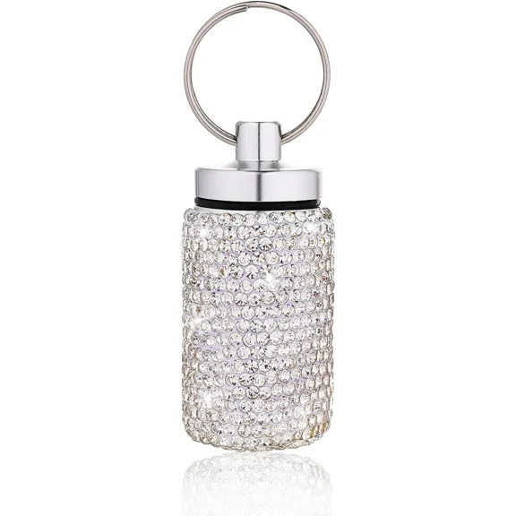 Pill Organizer Stainless Steel Waterproof Pill Holder Box Bling Small Medicine Case Dispenser Bottle Travel Portable Jewelry Ring Holder Keychain Container for Vitamin Supplement (White)