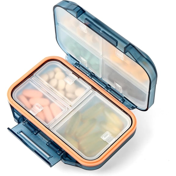 Pill Organizer Travel Pill Box Waterproof Medicine Case Container Supplement and Vitamin Holder Pocket Pharmacy Portable Pill Storage with 7 Compartments for Purse (Blue)