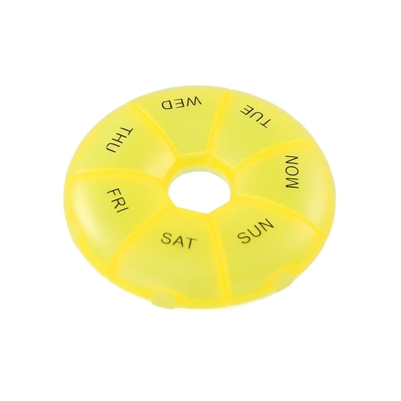 Pill Organizer, Yellow 7 Compartment Round Weekly Portable 1 Piece, Lightweight Travel Daily Medication Dispenser for Vitamins Supplements Pills Home and Outdoor Use