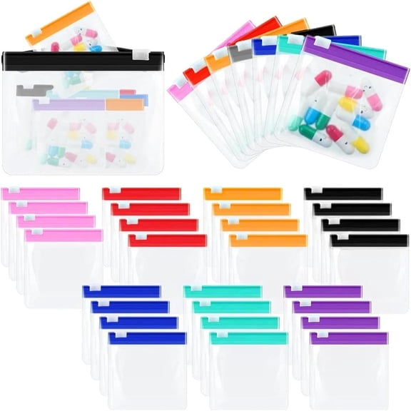 Pill Pouch Bags 100Pcs Pill Pouch Set,7 Mini Zip Organizers,Large Reusable Travel Container,Color-Coded Medicine Bags,Organize Pills