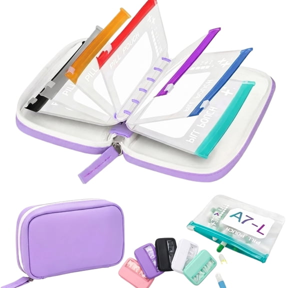 Pill Pouch Organizer Binder Waterproof Set 7 Case Travel for Bags Inside Zipper Day Medicine Weekly Reusable Portable Large Holder Daily Container Zippered Storage Purse Use(Purple)