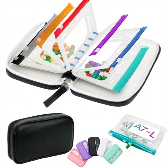 Pill Pouch Organizer Binder Waterproof Set 7 Case Travel for Bags Inside Zipper Day Medicine Weekly Vitamin Medication Reusable Portable Large Holder Daily Container Zippered Storage Purse Use(Black)