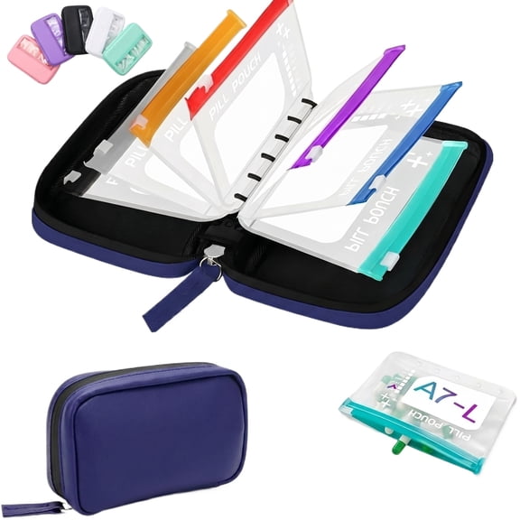 Pill Pouch Organizer Binder Waterproof Set 7 Case Travel for Bags Inside Zipper Day Medicine Weekly Vitamin Medication Reusable Portable Large Holder Daily Container Zippered Storage Purse Use(Navy)