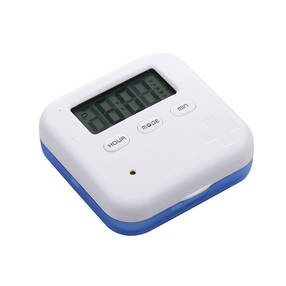 Pill case Digital Pill Box Timer 4 Compartments Pill Case Planner with 5 Time Reminder Timer Countdown and Time Display (Blue)