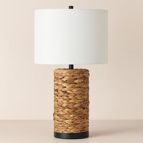 Pillar Accent Table Lamp with Woven Seagrass Pattern Metal Decorative Lamp with White Drum-Shaped Shade Coastal & Boho Home Decor for Any Room 14"x26", Natural Brown$$Tools & Hardware Other