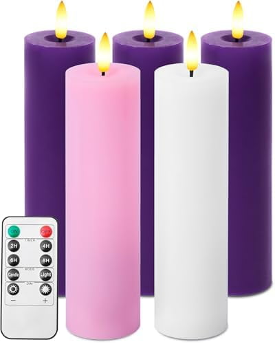 Pillar Advent Candles Set of 5, Battery Operated Advent Candle Set with Remote and Timer, 2x7 Pink and Purple Pillar Candle Set, Flameless Advent Candles for Advent Wreath Pillar Candle Holder