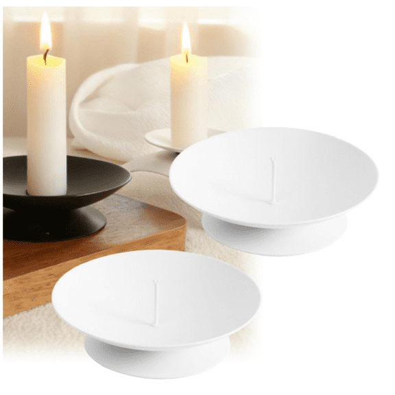 Pillar Candle Holder Set of 2 Metal - Iron Candle Plate Stand with Central Safety Spike, Small Decorative Tray for Home Decor, Wedding Table and Holiday Parties (White)