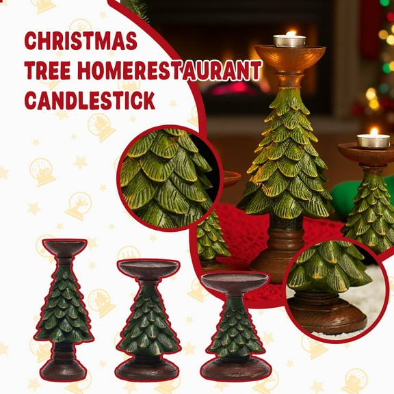 Pillar Candle Holders Pine Tree Candlestick for Christmas Table Centerpiece, Resin Christmas Tree Candle Stand for Fireplace A