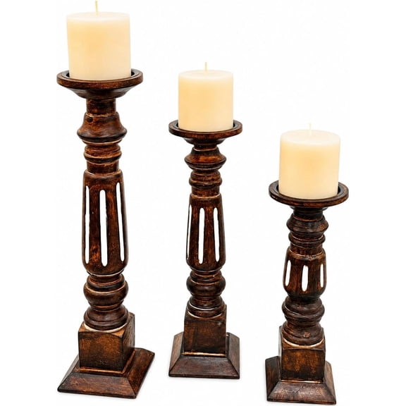 Pillar Candle Holders Set of 3, Candle Holders for Pillar Candle,Mango Wood Candle Holder for Coffee Dining Table, Wedding, Christmas, Halloween, Home Decoration,Brown Candle Holders