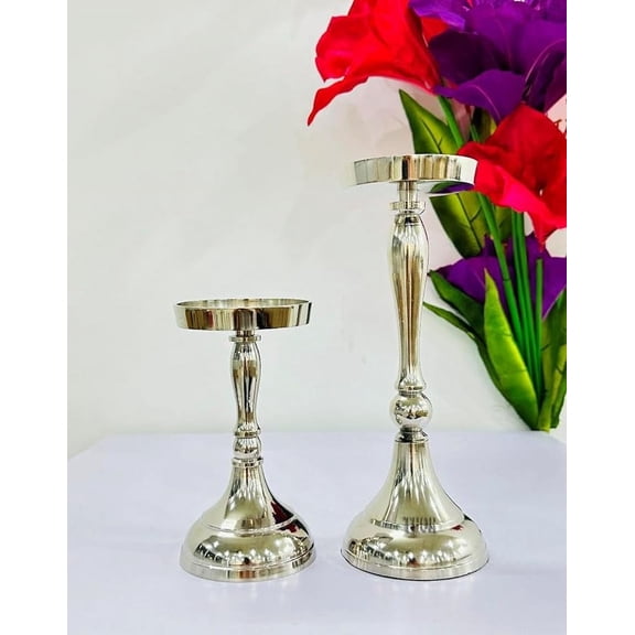 Pillar Candle Holders Silver Candlestick Holder for Pillar Set of 2, Metal Candle Stand Dinning Table Centerpiece for Wedding Party Christmas Decor Home