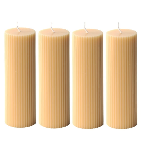Pillar Candles 2x6'' Fluted Ribbed Column Modern Home Décor Soy Wax Handmade (4 Packs, Buff Yellow)