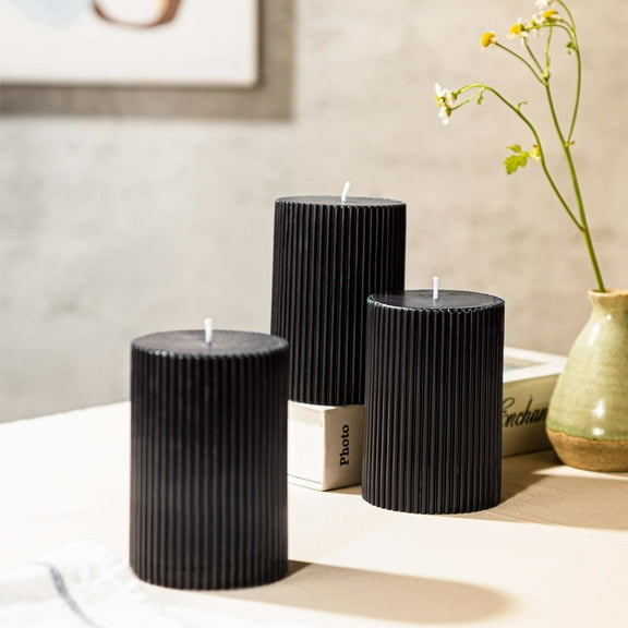 Pillar Candles 3x4'' Fluted Ribbed Column Modern Home Décor Handmade (3 Packs, Black)