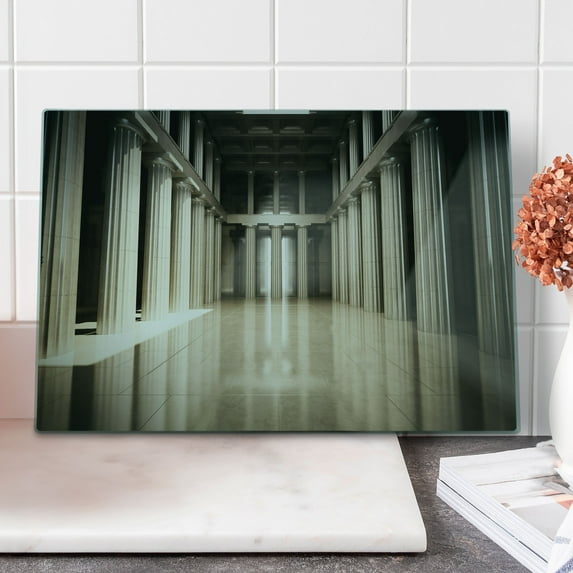 Pillar Cutting Board, 3D Model Style Column Interior in Empty Room Digital Image Design Art Print, Decorative Tempered Glass Cutting and Serving Board, Large Size, Beige and Tan, by Ambesonne