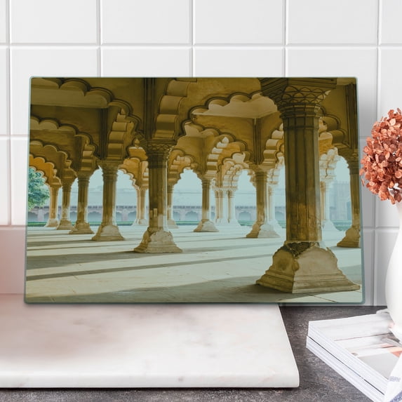 Pillar Cutting Board, Historical Theme Gallery of Pillars at Agra Fort Digital Image, Decorative Tempered Glass Cutting and Serving Board, Large Size, Pale Coffee and Beige, by Ambesonne
