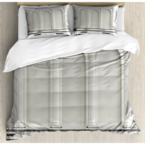 Pillar Duvet Cover Set, Antique Theme Classical Interior with Ionic Column Marble Floor Digital Image, Decorative 3 Piece Bedding Set with 2 Pillow Shams, Queen Size, Black and White, by Ambesonne