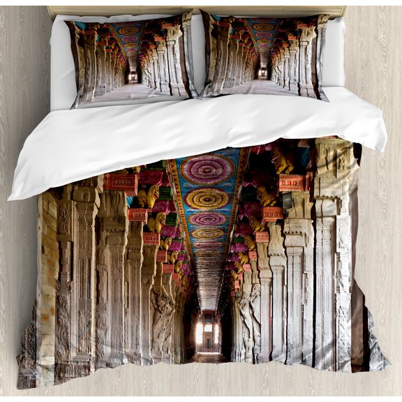 Pillar Duvet Cover Set, Theme Inside of Old Meenakshi Building in South Asia Digital Image Print, Decorative 3 Piece Bedding Set with 2 Pillow Shams, Calking Size, Pale Grey, by Ambesonne