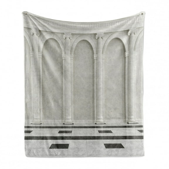 Pillar Soft Flannel Fleece Blanket, Antique Theme Classical Interior with Ionic Column Marble Floor Digital Image, Cozy Plush for Indoor and Outdoor Use, 70" x 90", Black and White, by Ambesonne