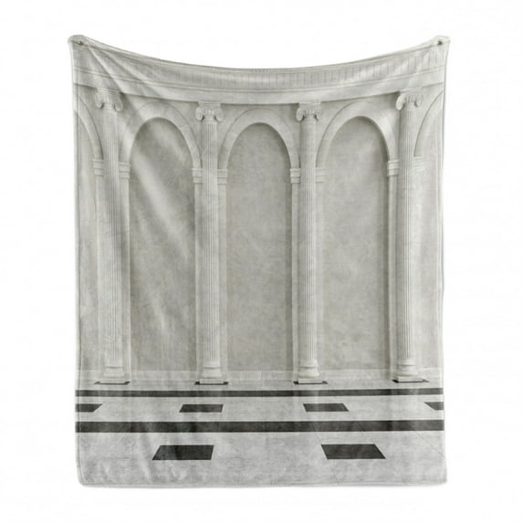 Pillar Soft Flannel Fleece Blanket, Antique Theme Classical Interior with Ionic Column Marble Floor Digital Image, Cozy Plush for Indoor and Outdoor Use, 70" x 90", Black and White, by Ambesonne