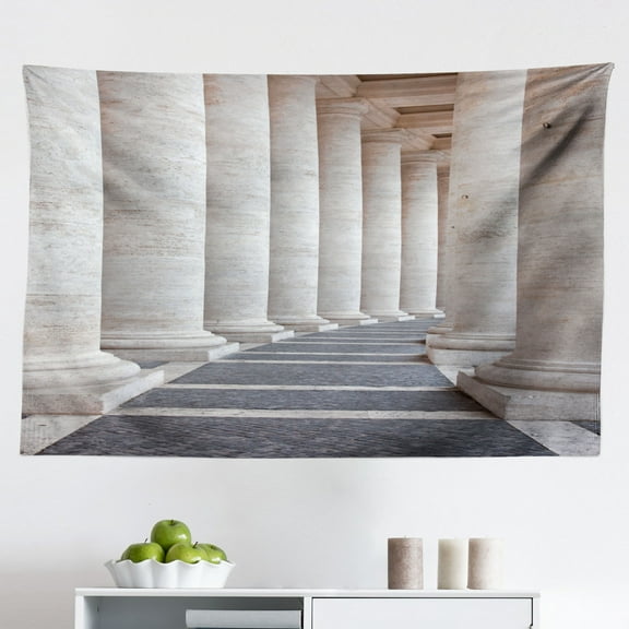 Pillar Tapestry, Antique Theme Classical Interior with Ionic Column Marble Floor Digital Image, Fabric Wall Hanging Decor for Bedroom Living Room Dorm, 2 Sizes, Black and White, by Ambesonne