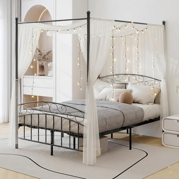Pillfn Full Size Canopy Four-Poster Metal Platform Bed with Headboard and Footboard Strong Steel Slat Support, Black