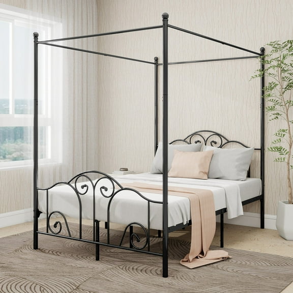 Pillfn Full Size Four-Poster Metal Canopy Bed Frame with Headboard and Footboard Sturdy Slatted Structure, Black