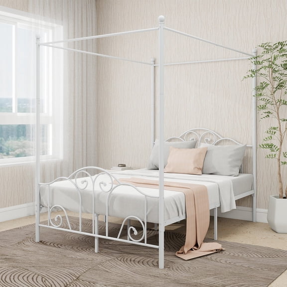 Pillfn Full Size Four-Poster Metal Canopy Bed Frame with Headboard and Footboard Sturdy Slatted Structure, White