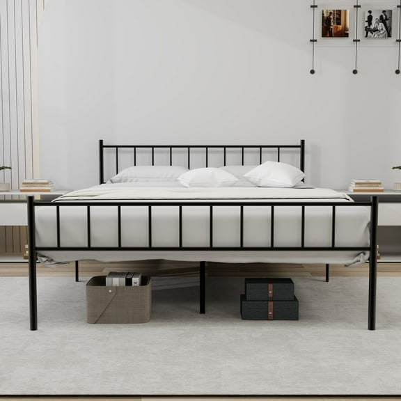 Pillfn King Size Metal Platform Bed Frame with Headboard Footboard Strong Steel Slat Support, Black