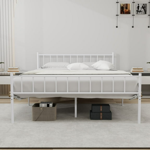 Pillfn King Size Metal Platform Bed Frame with Headboard Footboard Strong Steel Slat Support, White