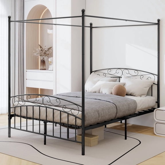 Pillfn Queen Size Canopy Bed Frame Four-Poster Metal Platform Bed with Headboard and Footboard Strong Steel Slat Support, Black