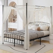 Pillfn Queen Size Canopy Four-Poster Metal Platform Bed with Headboard and Footboard Strong Steel Slat Support, Black