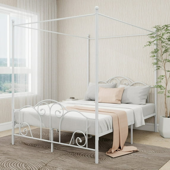 Pillfn Queen Size Four-Poster Metal Canopy Bed Frame with Headboard and Footboard Sturdy Slatted Structure, White
