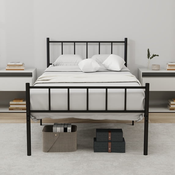 Pillfn Twin Size Metal Platform Bed Frame with Headboard Footboard Strong Steel Slat Support, Black