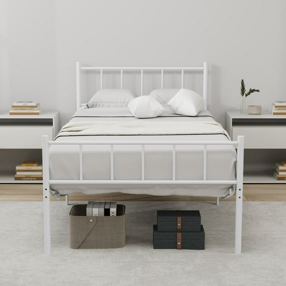 Pillfn Twin Size Metal Platform Bed Frame with Headboard Footboard Strong Steel Slat Support, White