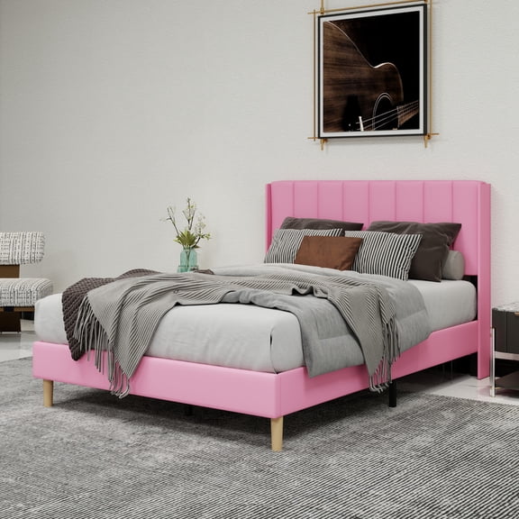Pillfn Upholstered Platform Full Size Bed Frame with Headboard Wooden Slats Support,Pink